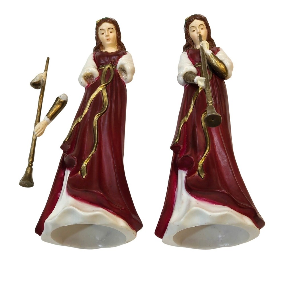 Enesco Christmas Angel Figurines Set 2 Burgundy Gold Horn Vintage AS IS